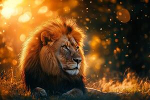 Lion resting in tall grass under golden sunlight on the African savannah at dusk photo