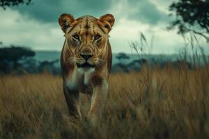 Lion walking through tall grass in the African savannah during the late afternoon photo