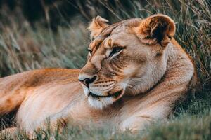 Lion resting in the grass field of the African savannah during the warm afternoon sunlight photo
