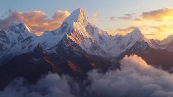 Majestic snow-covered peaks rise dramatically in golden hour light with clouds swirling around the mountains photo