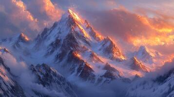 Majestic snow-covered mountains illuminated by golden hour lighting with clouds hovering around peaks in a dramatic landscape photo