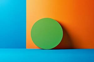 Minimalist green circle balanced on vibrant blue and orange split background showcasing clean lines and bold colors in a modern design aesthetic photo