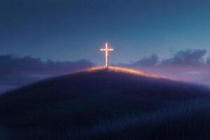 Solitary cross glows gently on hilltop at dusk, illuminating tranquil landscape in warm light photo