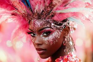Celebratory carnival float participant shines in sparkling sequins with vibrant pink backdrop photo