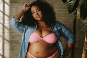 Plus size woman in pink underwear and denim shirt poses elegantly in cozy indoor setting photo