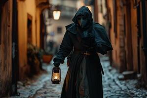 Plague doctor walks through medieval town holding lantern during bubonic plague outbreak in the 14th century photo