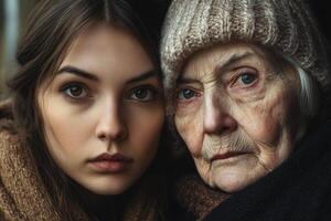Captivating portrait of a young woman and elderly woman showing the beauty of different generations in a warm embrace photo