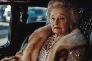 Portrait of affluent older woman dressed in fur coat and jewelry, seated in luxury limousine photo