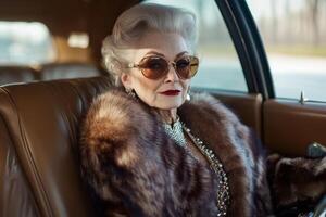 Rich elderly lady in fur coat and jewelry enjoys luxury ride in a limousine on a sunny day photo