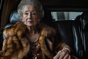 Wealthy elderly woman in luxurious limousine adorned with fine jewelry and fur coat photo