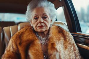 Elegant elderly woman in luxurious fur coat and jewelry in a high-end limousine during a stylish city outing photo