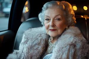 Portrait of an elegant older woman dressed in a luxurious fur coat and dazzling jewelry while relaxing in a lavish limousine setting photo