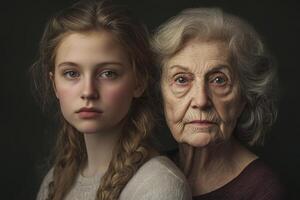 Portrait showcasing the connection between a young woman and an older woman against a dark background photo