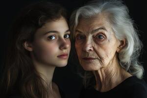Portrait of a young woman and an elderly woman showing the bond between generations and the passage of time photo