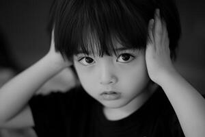 Child shows distress by covering ears in a quiet, indoor setting during a moment of overwhelming emotions photo