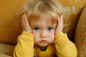 Child covers ears in distress while sitting on a couch in a cozy living room filled with soft colors and natural light photo
