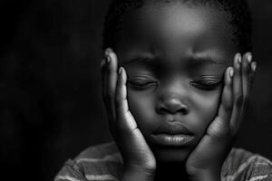 Sad child covering ears, expressing distress in a dimly lit room during a quiet moment photo