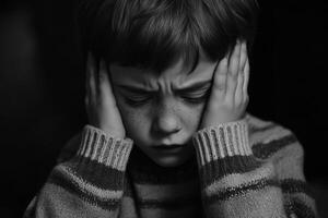 Child covering ears in distress within a dimly lit room during a troubling moment photo