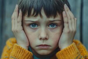 Sad child covering ears in a quiet moment of reflection outdoors during a cloudy day photo