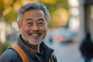 Senior Asian man smiles happily while walking through the city on a bright day outdoors with lovely autumn colors photo