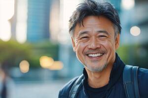 Smiling senior Asian man enjoying a sunny day outdoors in the city while walking and laughing at the camera photo
