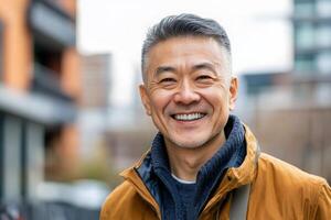 Senior Asian man smiles joyfully outdoors in the city during a sunny day photo
