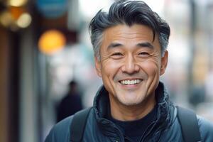 Senior Asian man enjoys a sunny day in the city with a bright smile and laughter photo