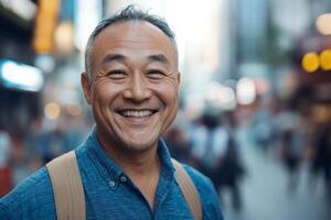 Smiling senior Asian man enjoying city life with bright laughter on a busy street photo