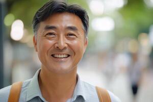 Smiling senior Asian man enjoying a sunny day outdoors in the city center photo