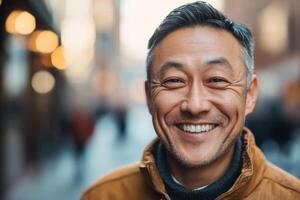 Smiling senior Asian man enjoying a lively day outdoors in the city photo