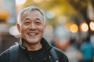 Smiling senior Asian man enjoying a sunny day in the bustling city, exuding warmth and happiness photo