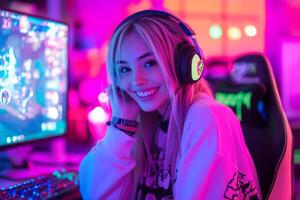 Smiling gamer girl enjoys an immersive gaming session in a vibrant neon-lit room with headphones on photo