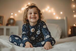 Smiling child in spacesuit pajamas enjoying a cozy moment on a bed in a softly lit room photo