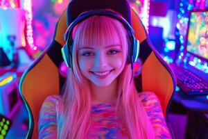 Smiling gamer girl playing games in a colorful neon-lit room at home photo
