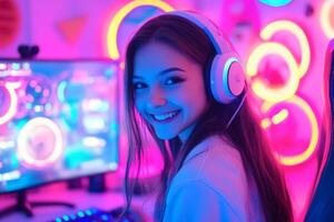 Smiling gamer girl enjoying gaming in a colorful neon-lit room with headphones on at night photo