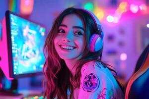 Smiling gamer girl enjoys playing games in a colorful neon room filled with vibrant lights photo