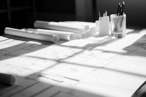 Construction planning team meets at the office with blueprints and tools during daylight hours photo