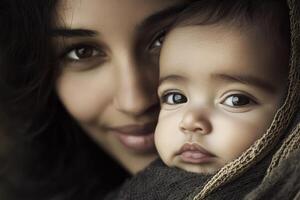 amoroso madre suavemente cunas su bebé en un acogedor abrazo mientras compartiendo un oferta momento de conexión foto