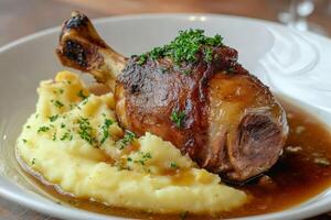 Enjoying traditional German eisbahn pork knuckle served with creamy mashed potatoes and flavorful stewed cabbage photo