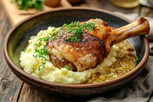 Enjoying traditional eisbahn pork knuckle served with mashed potatoes and stewed cabbage in a cozy setting photo