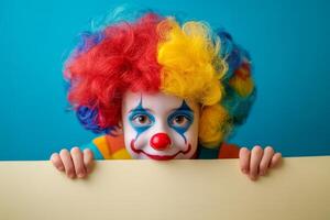 Young boy clown with a red nose and colorful wig playfully hiding behind a blank sign in a cheerful setting photo