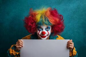 Young boy clown with colorful wig and red nose playfully hiding behind a blank sign in a vibrant setting photo