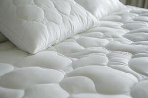 Cozy bedroom featuring a comfortable bed adorned with soft white pillows and bedding in a serene indoor setting photo