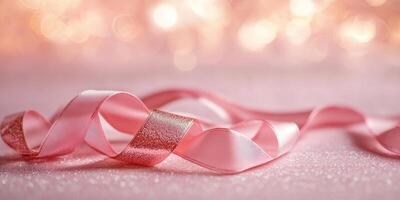 A pink satin ribbon rests on a soft pink background with bokeh effects, symbolizing Breast Cancer Awareness Month photo