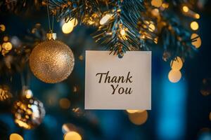A heartfelt thank you on a card hanging from a decorated Christmas tree with shimmering golden bokeh in a cozy blue atmosphere photo