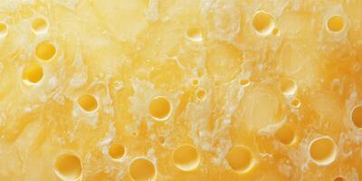 A close-up view of fresh yellow cheese showcasing its unique texture with large holes, highlighting its artisanal quality and natural appearance photo