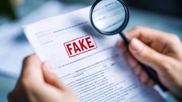 A person examines a document with a red FAKE stamp using a magnifying glass for fraud detection in a close-up view photo