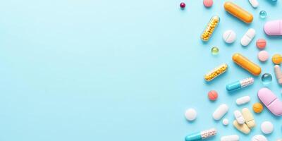 Colorful medication tablets and capsules displayed on a light blue background, emphasizing health and healthcare themes photo