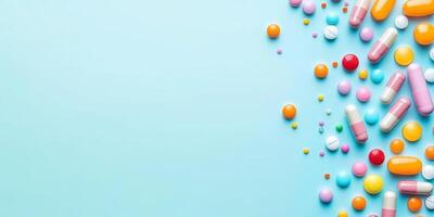 Colorful medication tablets and capsules arranged on a light blue background for healthcare and wellness themes photo