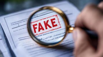 Close-up of a hand holding a magnifying glass over a document with a red FAKE stamp for fraud detection photo